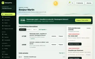 Tableau de bord DéclarPro sur ordinateur : interventions du jour et suivi