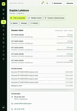 Dossier d'un client sur tablette : documents, activité et coordonnées